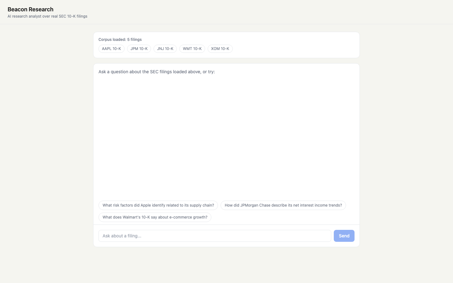 Beacon Research corpus indicator — five companies listed with filing metadata