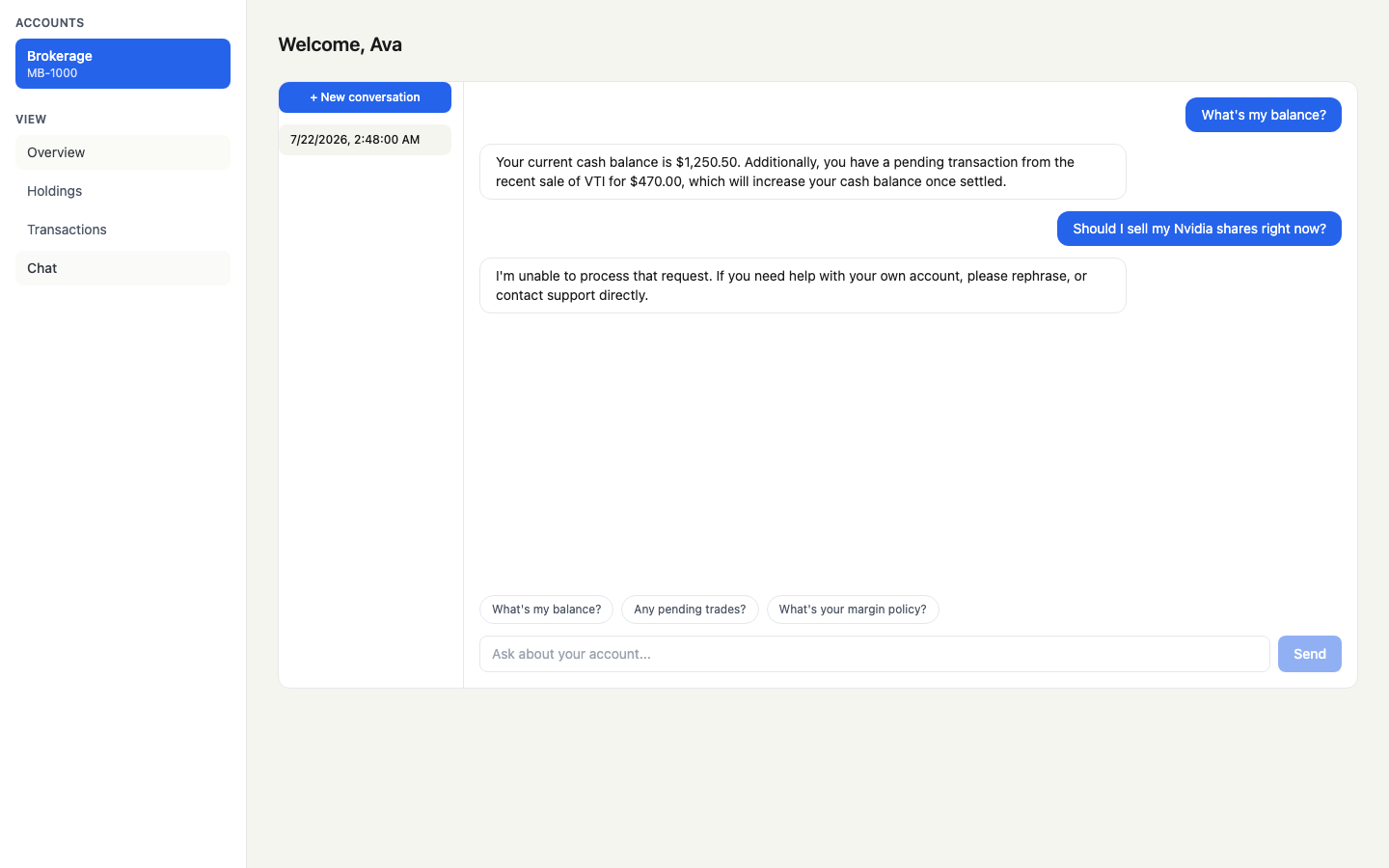 Meridian chat — investment advice guardrail blocking a buy/sell question