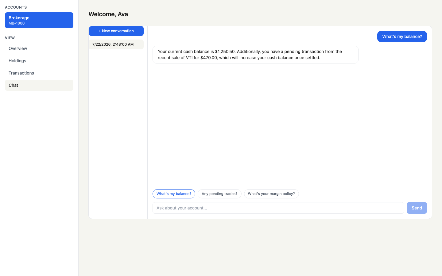 Meridian chat panel — normal account query with LLM response